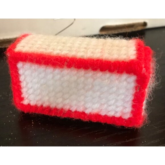 Handcrafted Red & White Yarn Mailbox Ornament Embroidered Detail Plastic Canvas - Picture 6 of 6